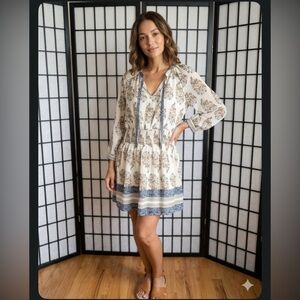Lucky Brand Cream Dress with Blue & Tan Accents